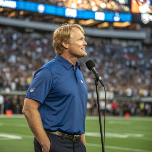 Jon Gruden, middle-aged, Caucasian man in a blue polo shirt. Standing at a football field, crowd in background