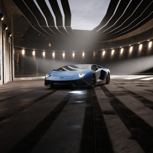 A sleek, blue Lamborghini Aventador SV parked in a futuristic, illuminated garage. The car's aerodynamic design and aggressive styling are highlighted by sharp beams of light casting dramatic shadows.
