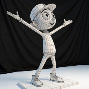 3D wireframe model of an animated character. Composed of simple geometric shapes and lines. Character is posed with arms raised and in a dynamic stance. Set against a plain, black backdrop.