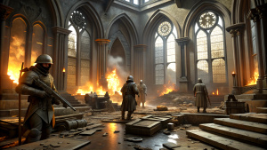 in a great church,there is some fire around,soldiers 
 are killing