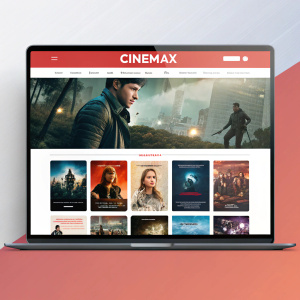 Digital mockup of Cinemax website featuring minimalist design with vibrant color scheme. Curated display of movie posters, reviews, and news articles. Grid layout with prominent headers and segmented sections for various content.