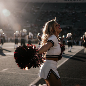 Mari Ohara, a cheerleader with blonde hair, flashing a huge smile on a sunny football field during a game day.
