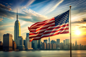 "Generate a dynamic and patriotic image of the USA flag rippling in the wind against a backdrop of a modern city skyline, symbolizing the enduring spirit of the nation."

