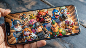 Create an attractive banner for YouTube channel, on Android games. Add images of popular characters from games, Among Us», «Clash Royale», «Brawl Stars». Place them on the sides of the banner. Add elements, the appearance of the game interface. Elements should be distributed throughout the banner. Use bright and saturated colors for the background. Add abstract patterns related to the theme of games.