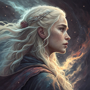 Close-up illustration of Daenerys Targaryen from Game of Thrones. She has long blonde hair. The background is dark and mystical, typical of fantasy art.