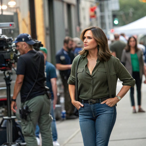 Mariska Hargitay, as Olivia Benson, on the set of 'SVU'. Dressed in casual wear, green shirt and jeans. Behind-the-scenes footage with crew visible