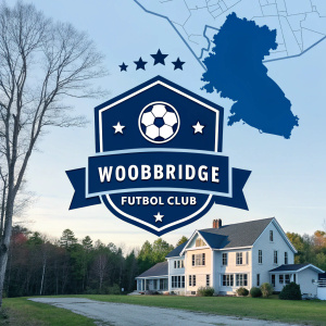 Digital illustration of Woodbridge Futbol Club. Modern logo design. State map, traditional house, and club banner. Blue and white colors, clean aesthetic.