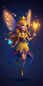 Flying fairy with fluttering wings and movement effect in a loose pose and fashionable beautiful clothes with glow around, holding a magic wand