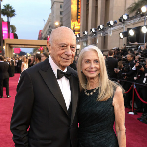 Alan Arkin and Suzanne Newlander Arkin, dressed in formal attire, posing on a bustling red carpet. Flashing cameras and crowd visible in the background.