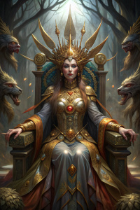 A fey ruler of protection sits on her throne, photorealistic