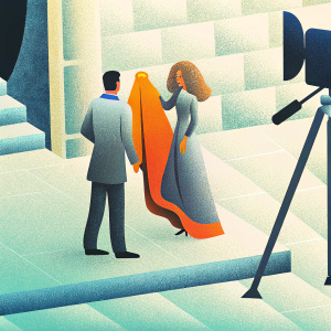 Jonathan Rhys-Meyers and Natalia Vodianova on set. He in a gray suit, she with voluminous curls and orange fabric. Outdoor scene with stone structure and film crew including large camera. 