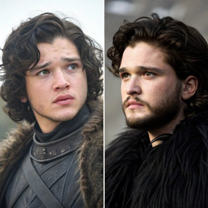 Dual image montage featuring young Kit Harington looking anxious and mature Kit Harington with a stern expression.