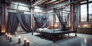 sotano industrial abandonado con una cama en el centro con sabanas grises y negras en satin rodeada de cortinas y velos negros,velas y bamboo colgando con cuerdas y una mujer amarrada, sadomasoquismo, con estilo gregory crewdson en una pared rejas industriales y rodeada de muebles en madera con una sola ventana por donde pasa la luz. En una pared una fotografía grandes del rostro  un hombre en blanco y negro