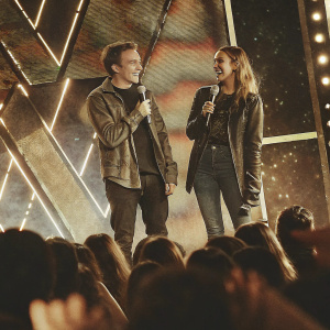 Frankie Muniz and Jessica Alba at a Comic-Con panel. Wearing casual outfits. Colorful stage backdrop with flashing lights.