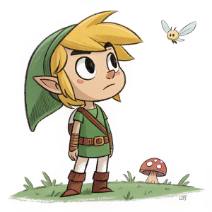 Sketch of Link from The Legend of Zelda: Link's Awakening. The drawing highlights his elfin face and determined look. A small mushroom and a flying critter float in the background. The paper is simple, pure white.