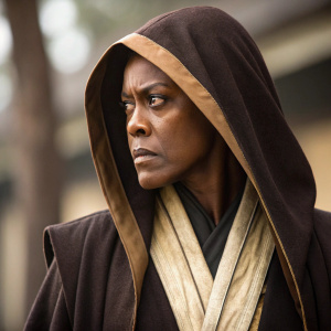 Close-up shot of a Jedi Knight, twi'lek species. Wearing a dark brown robe with light tan accents. Intense look