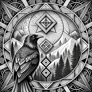 vegvisir runes pattern geometric symbol - raven and trees - tattoo design - perfect realistic art - high-definition - grey and black - white background 