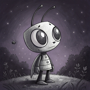 Digital illustration of GIR, from Invader Zim series, black and white sketch, set against a dark-purple background, with large eyes and insect-like features