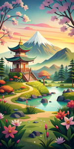 japanese nature, calm, peace, cartoon illustration, flat colors