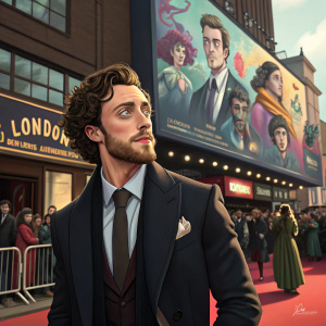 Aaron Taylor-Johnson in a sharp suit, dark jacket, and tie. At the London Film Festival premiere. A colorful billboard with animated characters behind him.