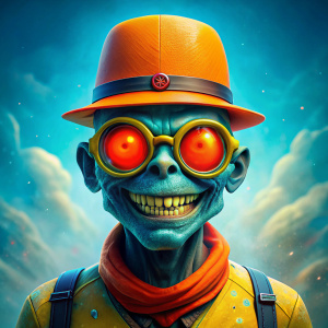 Draw a zombie, wearing a red cylinder with sunglasses, smiling an evil smile, red glowing eyes, looking fierce to the observer