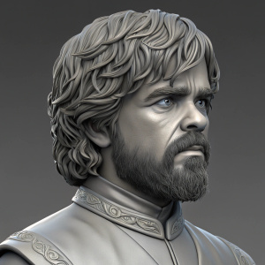 3D digital rendering of Peter Dinklage's character Tyrion Lannister. Gray color, detailed facial stubble, realistic beard. Digital artwork
