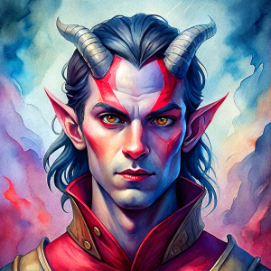 dungeons and dragons male Tiefling with red skin and red iris' in the style of dan mumford