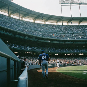 Kurt Suzuki, in blue jersey with number 24, stepping into a pitch. Dodger Stadium, packed with enthusiastic fans