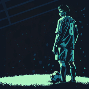 Nicolo' Barella, midfield player, wearing blue jersey with number 8, intense gaze, standing on a dimly lit indoor soccer field.