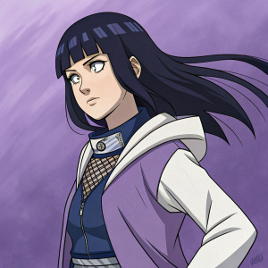Fan art of Hinata Hyuga from Naruto. Dark hair, determined look. Traditional and modern clothes mix. Purple background. Focus on expression and pose.