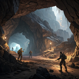 Digital art of a cave scene from Borderlands 3. Jagged rock formations, dim lighting, detailed textures. Characters in the background, action-packed atmosphere.