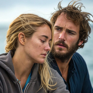 Shailene Woodley and Sam Claflin from 'Adrift'. Woodley with blonde, tousled hair. Claflin with a beard, looks somber. Emotional and serious scene with blurred background.