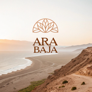 Brand identity design for Ara Baja featuring earthy tones and elegant typography. Background is a serene gradient of light beige and soft grey.