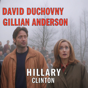 David Duchovny and Gillian Anderson from 'The X-Files' in a meme. Hillary Clinton appears below with humorous text overlay. Crowd in background