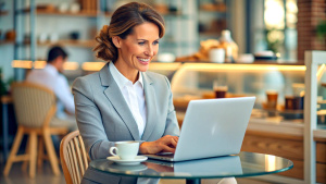 Widely smiling businesswoman working on laptop sitting in a cafe