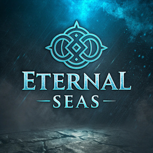 Design concept for 'Eternal Seas'. Video game logo with intricate, abstract symbol intertwined with bold, stylized font text. Dark, textured background with blue undertones. Grungy texture and dramatic play of light and shadow.