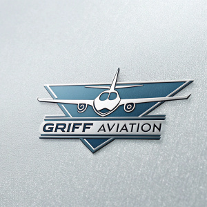 A sleek logo for GRIFF Aviation featuring a sharp, angular airplane silhouette with interlocking 'G' and 'A' letters.