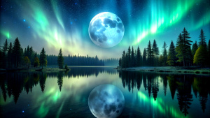  full moon at night, aura northern lights forest  still water dark night black