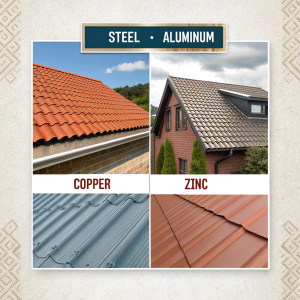 Comparative image showing metal roofing samples: steel (silver), aluminum (matte), copper (aged with patina), and zinc — on a textured background, labeled visually like a material guide for homeowners