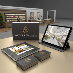 Altore Salone's promotional suite. Includes glossy brochures, digital screens with 3D renderings of store layout, and sleek business cards with elegant branding.