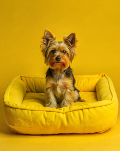 Front view, room, Yorkshire Terrier on the dog bed.