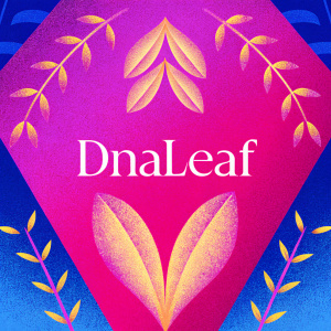 Purple leaf logo with the word DNAleaf. Dark blue background, geometric and organic design