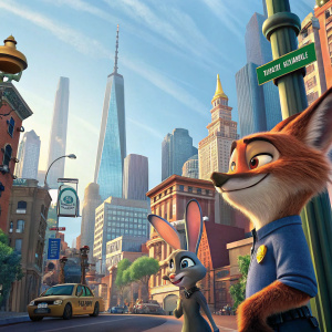 Zootopia movie poster, vibrant colors, urban skyline with animal characters.