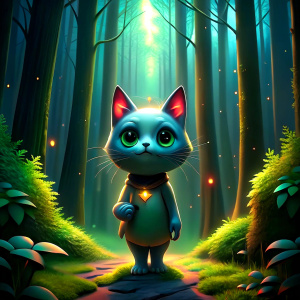 A ray of light in the forest illuminates the figure of a cat, who greets the viewer with his right paw raised up.