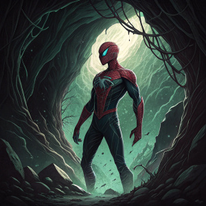 Digital illustration of Spider-Man standing in a dark, detailed cavern. Green and black hues dominate the background. Spider-Man is depicted in a dynamic pose.
