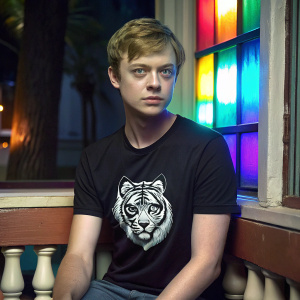 young blonde Dane Dehaan in a black t-shirt with an white and black tiger logo, sitting on a balcony with a rainbow mosaic window, at night