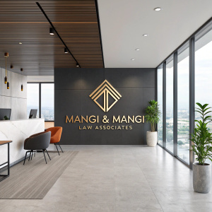 Logo of Mangi & Mangi Law Associates. Sleek, modern office interior with a minimalist design. Contemporary M-shaped logo design