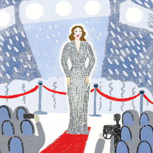 Melinda Clarke at the Golden Globe Awards. She is wearing a silver sequined dress with intricate details. The background features a sea of flashing cameras and excited fans.