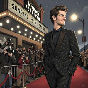 Andrew Garfield at the Sundance Film Festival, wearing a black suit with a subtle pattern, standing in front of a bustling crowd of paparazzi and fans.
