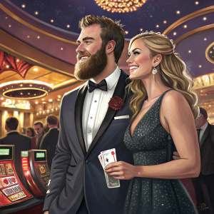 Ryan O'Reilly and Dayna Douros, in formal attire, celebrating at a casino in Las Vegas.